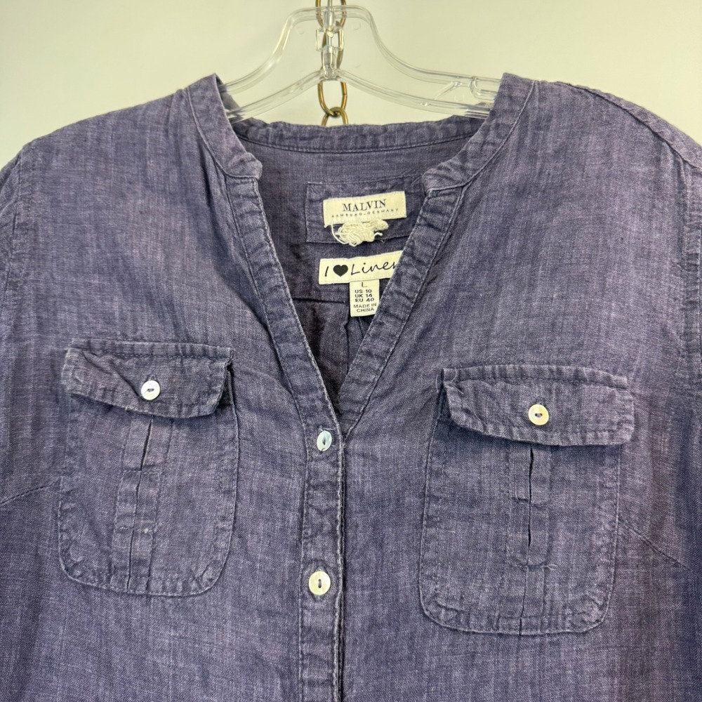 Malvin I Love Linen 100% Linen Shirt Dress Blue Button Front Roll Sleeve Sz L - Picture 5 of 13